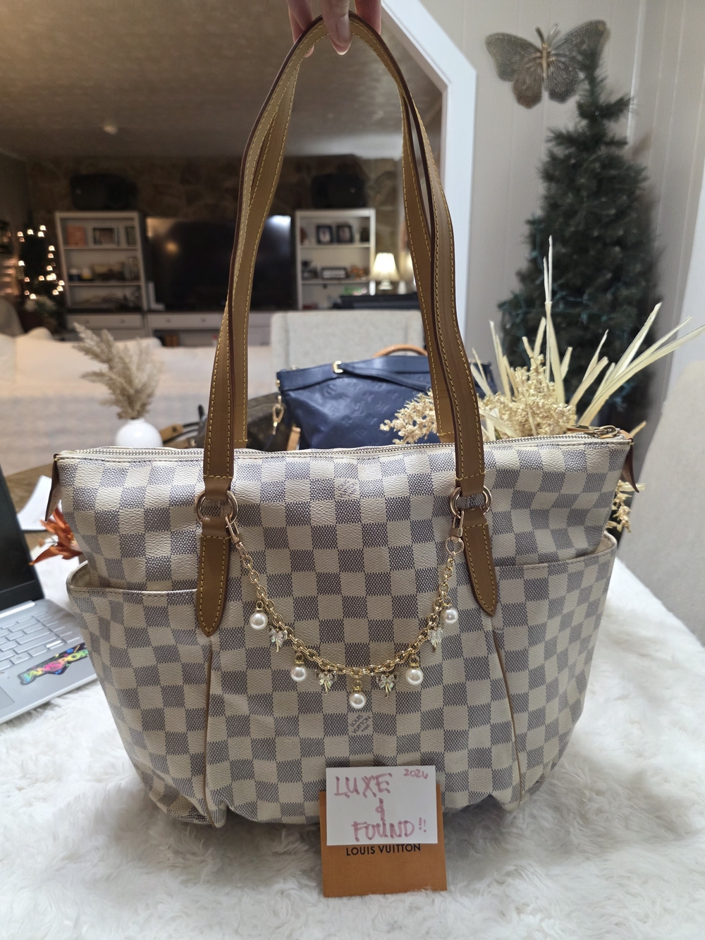 Louis Vuitton Damier Azur Canvas Hobo with Pearl Chain